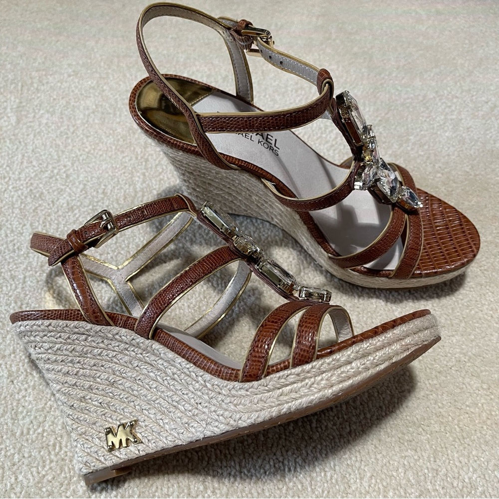 Michael Kors Jayden Leather Wedge Espadrille Sandal With Crystals Size 6.5 Tan